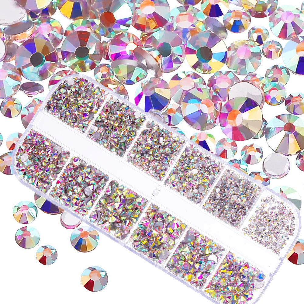 12Grids SS6-SS30 Mixed Nail Rhinestones Shiny Clear/Gold/Pink/Blue Diamond Flat-back Nail Gems Glass Stones Nails Decoration