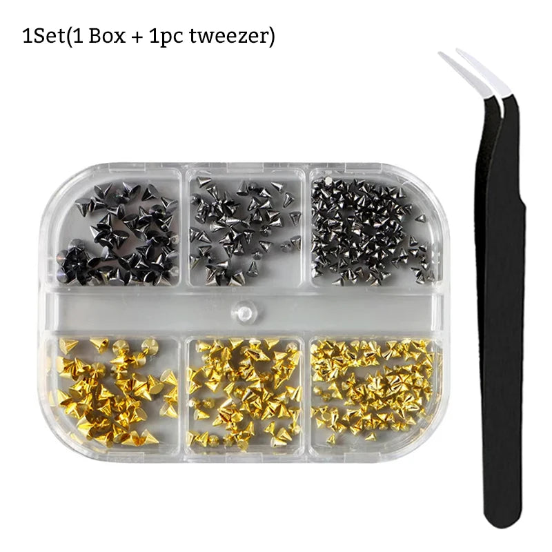 6 Grids Punk Nail Rivets Spikes Metal Studs Gold/Silver/Black Round Cone Nail Art Charms Mixed Size Nail Parts DIY Decoration
