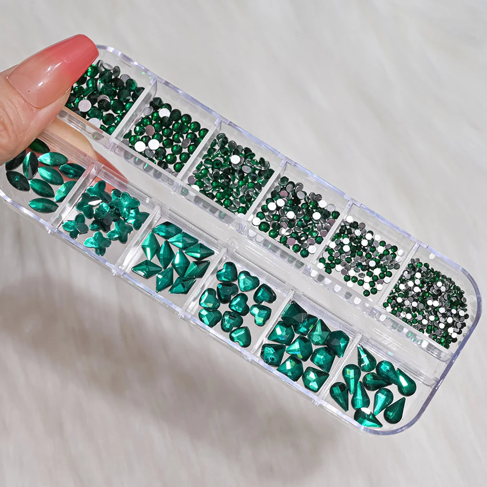 12Grids SS6-SS30 Mixed Nail Rhinestones Shiny Clear/Gold/Pink/Blue Diamond Flat-back Nail Gems Glass Stones Nails Decoration