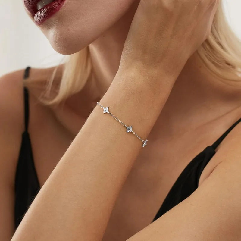 925 Silver Plated Cz Four-leaf Flower Bracelet for Women Girl Cute Dainty Adjustable Link Chain Bracelet Trend 18k Gold Jewelry