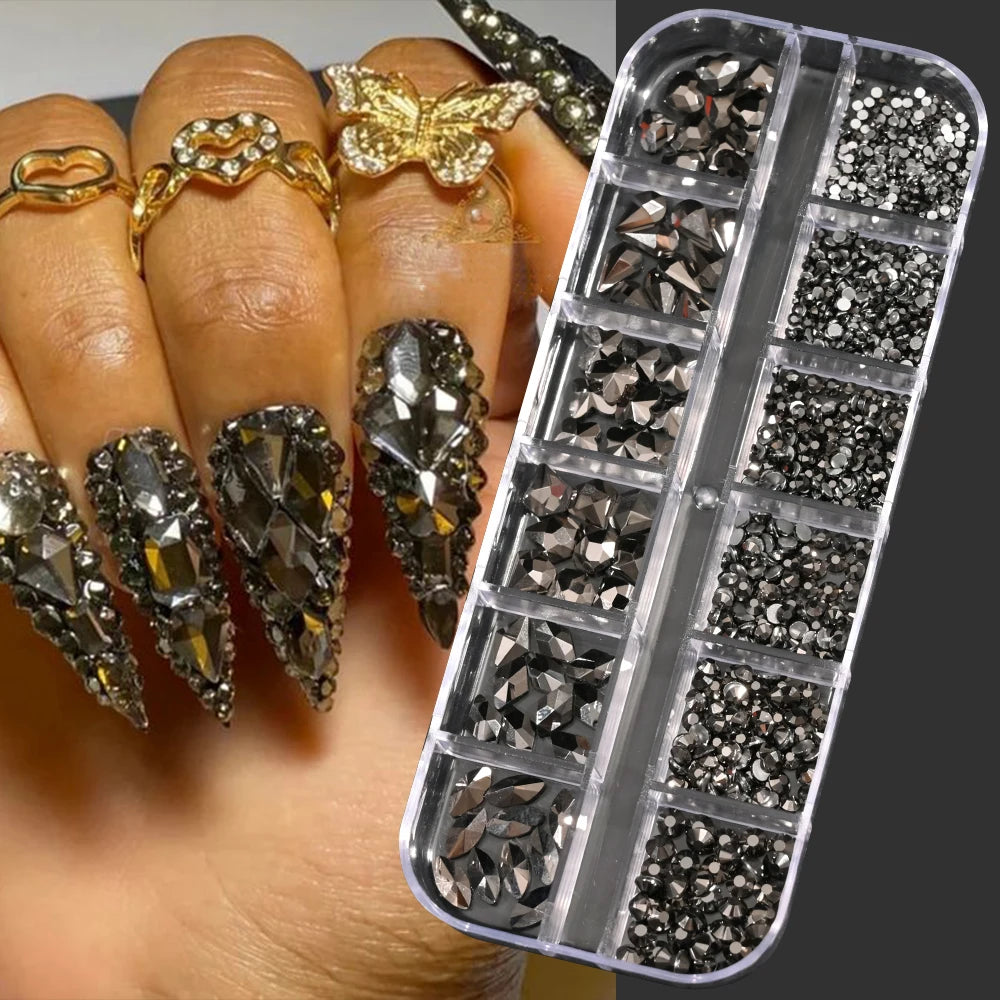 12Grids SS6-SS30 Mixed Nail Rhinestones Shiny Clear/Gold/Pink/Blue Diamond Flat-back Nail Gems Glass Stones Nails Decoration