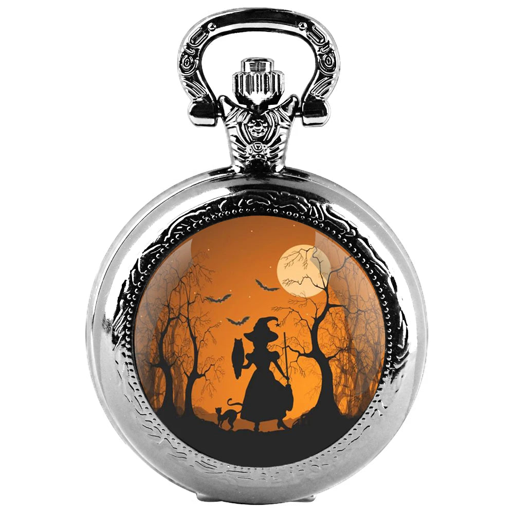 Halloween Witch Glass Dome Black Quartz Pocket Watch with Arabic Numerals Dial and Durable Chain Gift for Men Women