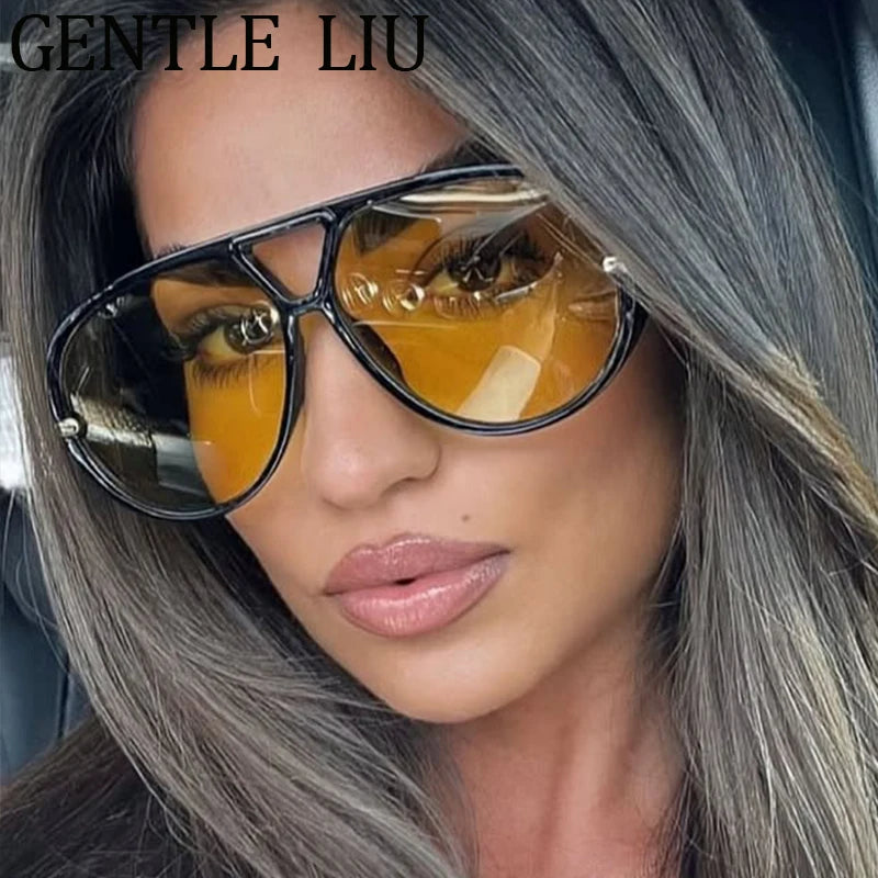 Oversized Pilot Oval Punk Sunglasses Women 2025 Luxury Vintage Big Frame Double Beam Sun Glasses For Lady Outdoor Eyewear UV400
