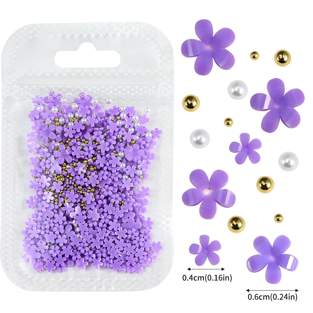 5G (450pcs) White Pink Blossom Spring Acrylic Flower Nail Rhinestones Mixed Pearl Beads 3D Floral Nail Gems White Resin Nail Par