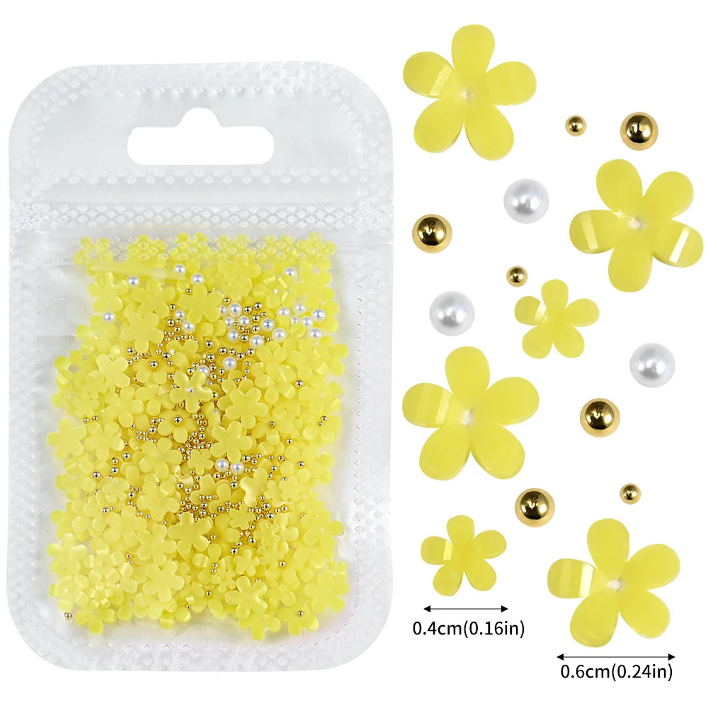 5G (450pcs) White Pink Blossom Spring Acrylic Flower Nail Rhinestones Mixed Pearl Beads 3D Floral Nail Gems White Resin Nail Par