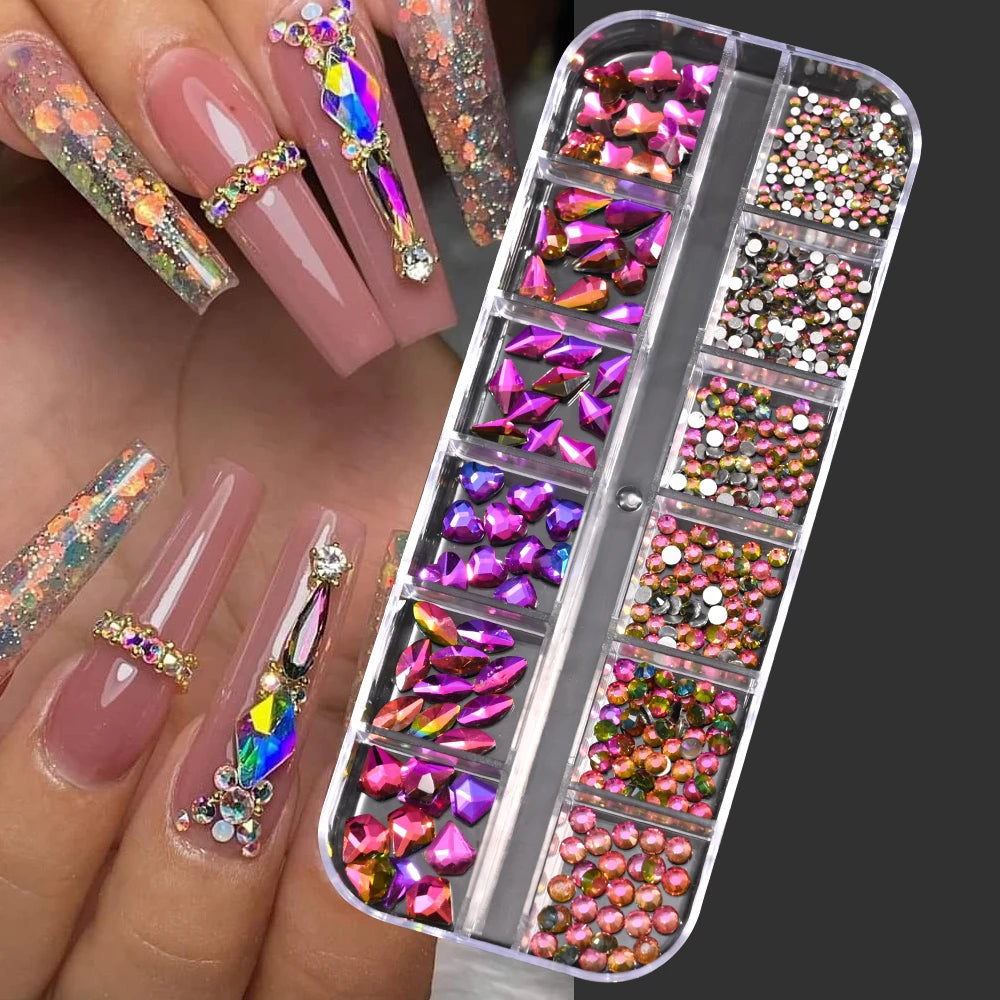 12Grids SS6-SS30 Mixed Nail Rhinestones Shiny Clear/Gold/Pink/Blue Diamond Flat-back Nail Gems Glass Stones Nails Decoration