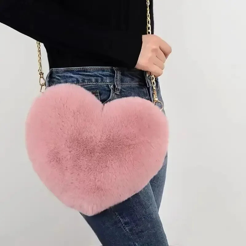 Heart Shaped Fluffy Shoulder Bag Fashion Chain Crossbody Bag