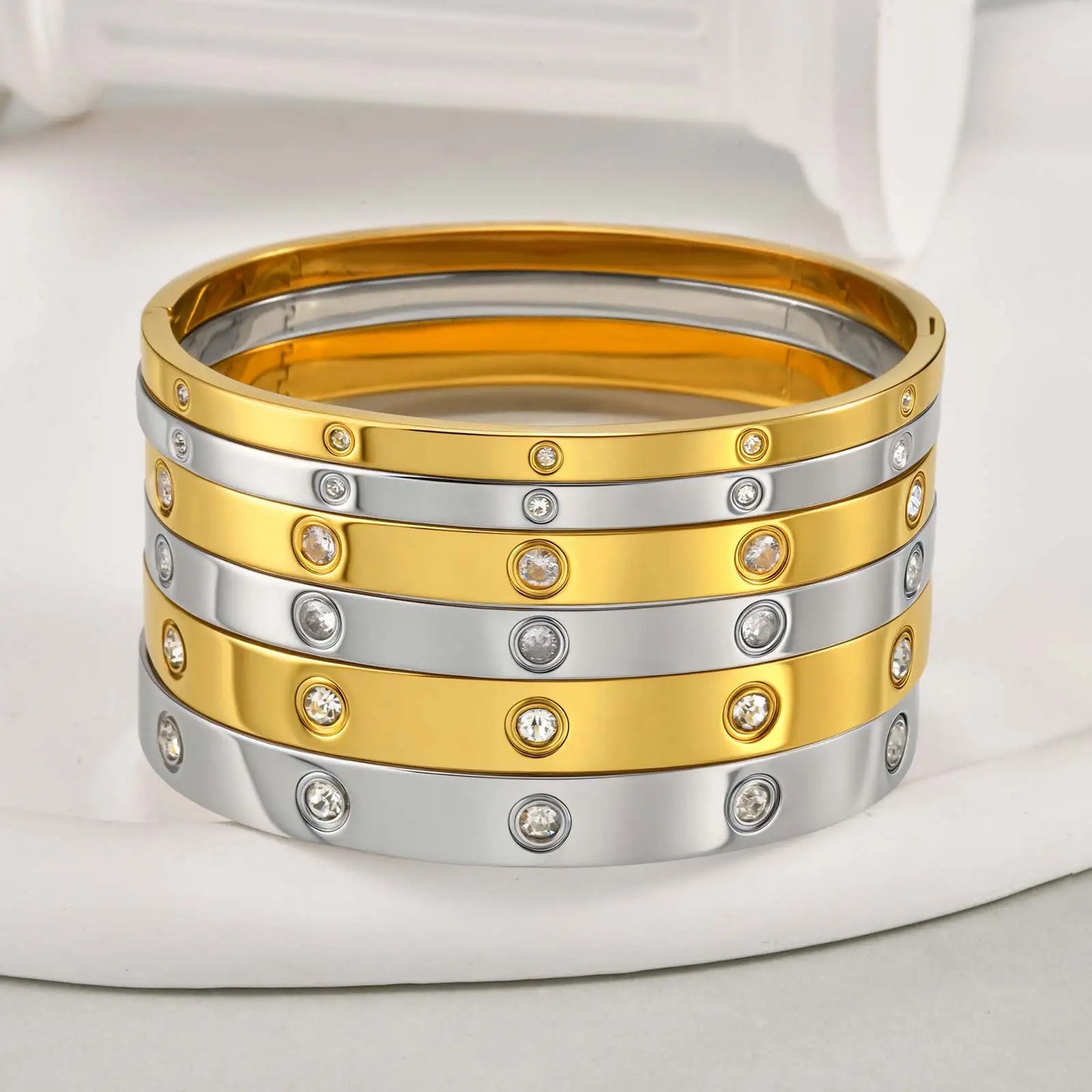 Luxurious Cubic Zircon Openable Bracelet for Women ,Stainless Steel Round Bangle Bracelets,Charm Jewelry Gifts