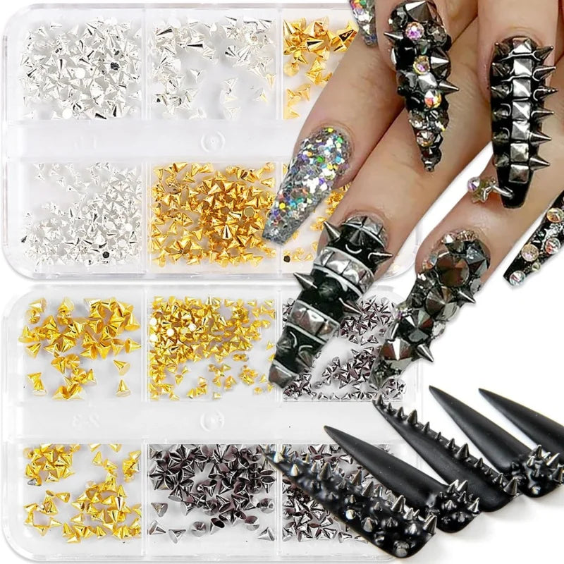 6 Grids Punk Nail Rivets Spikes Metal Studs Gold/Silver/Black Round Cone Nail Art Charms Mixed Size Nail Parts DIY Decoration