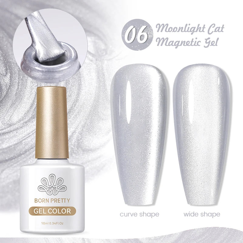 BORN PRETTY 10ml Flow Light White Cat Magnetic Gel Nail Polish Ultra Shine Soak Off UV Gel Mirror Glass Cat Magnet Gel Varnish