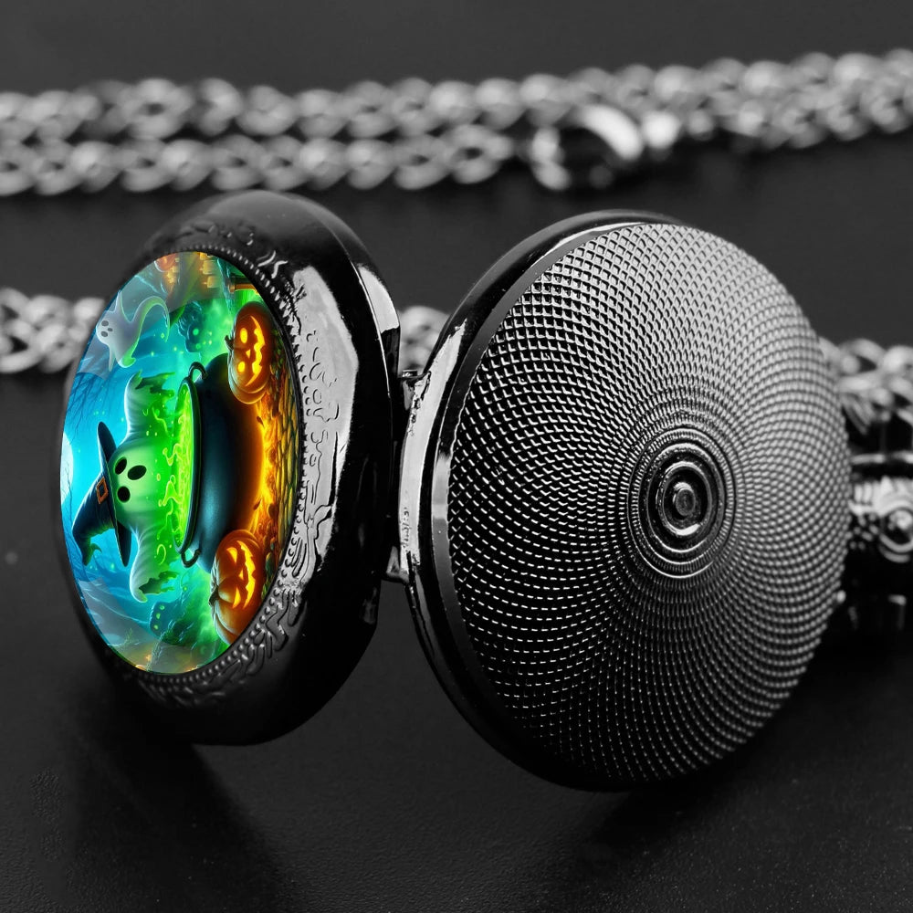 Halloween Mysterious Witch Glass Dome Black Quartz Pocket Watch with Arabic Numerals Dial and Durable Chain Gift for Men Women