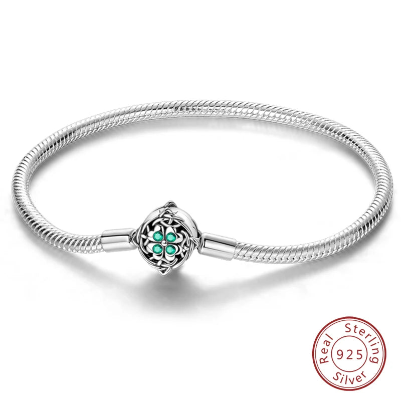 Bracelet Silver 925 Original 17-20CM Star Moon Sun Four Leaf Clover Green Zircon Bracelets Fit DIY Charms Birthday Jewelry Gifts