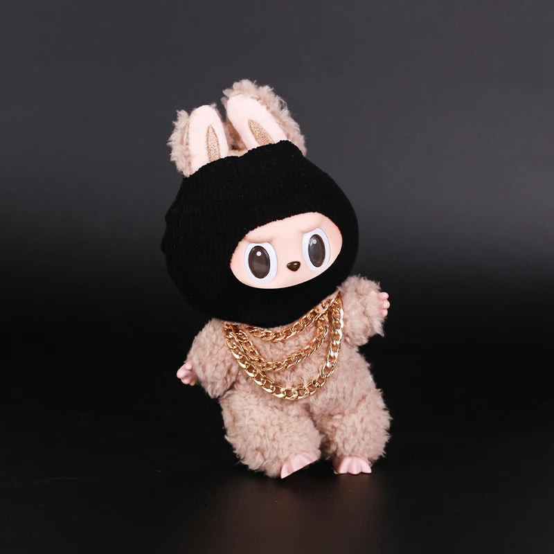 Luxury Tidal Current Labubu Black Hip Hop Mask Knitted Hat Accessories 3-Layer Big Gold Chain Street Fashion Doll Ornaments