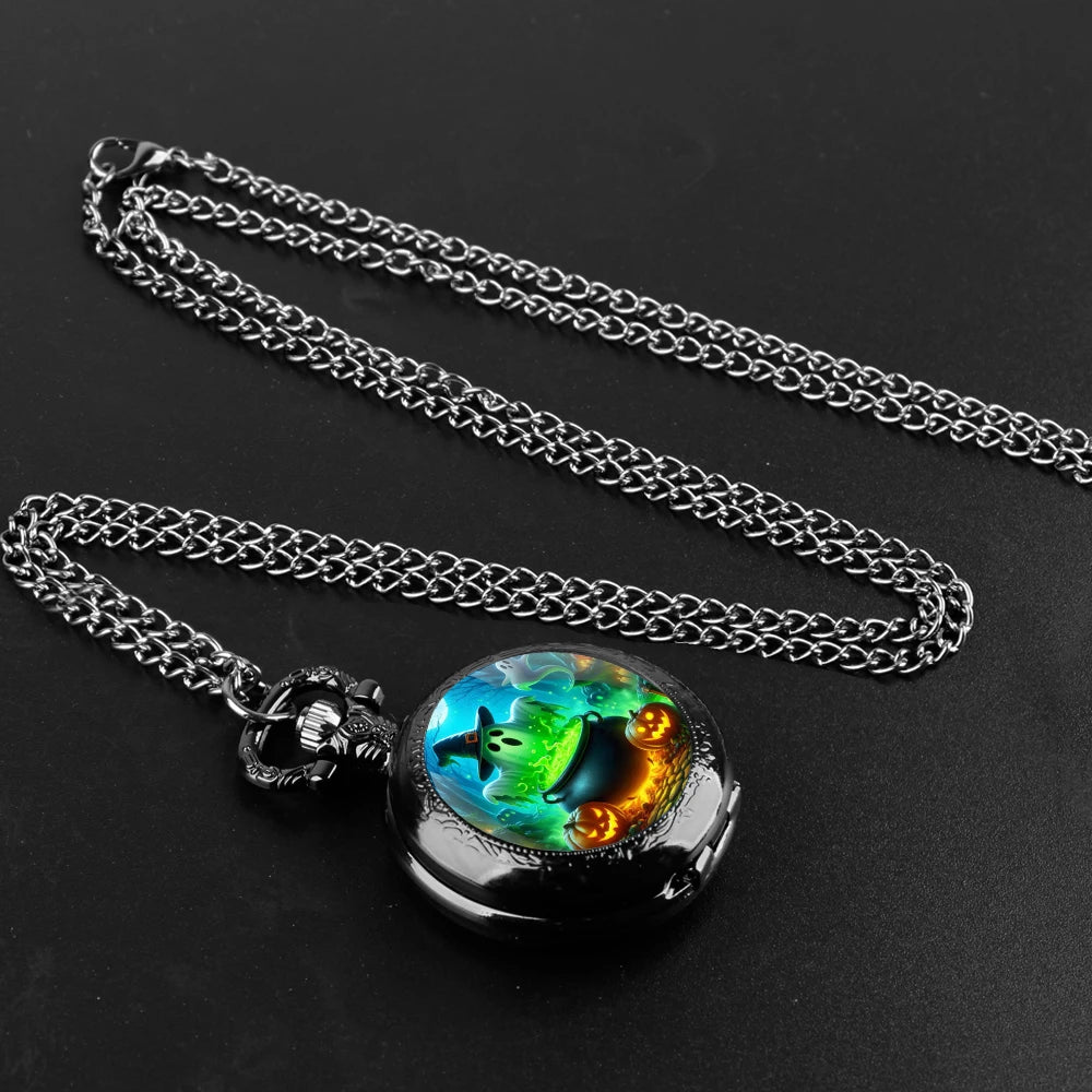 Halloween Mysterious Witch Glass Dome Black Quartz Pocket Watch with Arabic Numerals Dial and Durable Chain Gift for Men Women