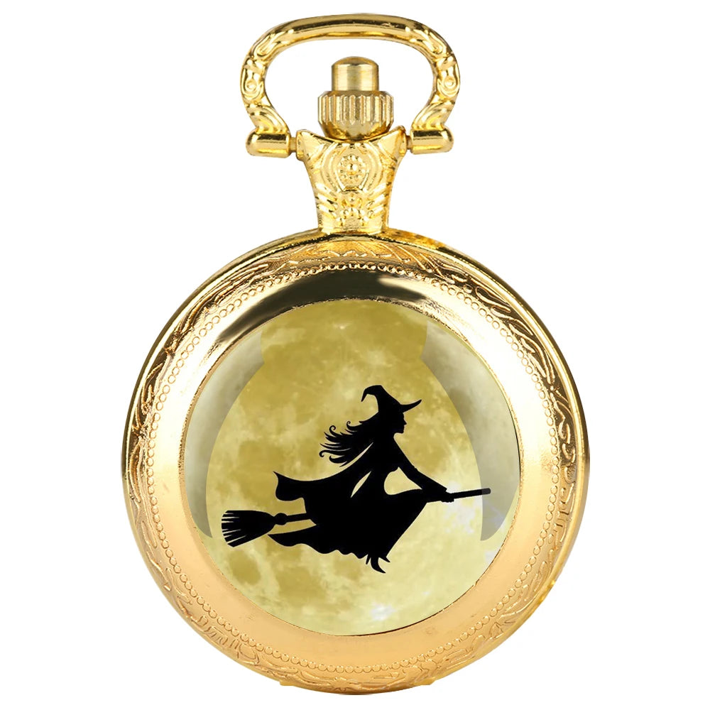 A Witch on A Broomstick Glass Dome Quartz Pocket Watch With Durable Chain Arabic Numeral Dial Halloween Gifts for Men Women Kids