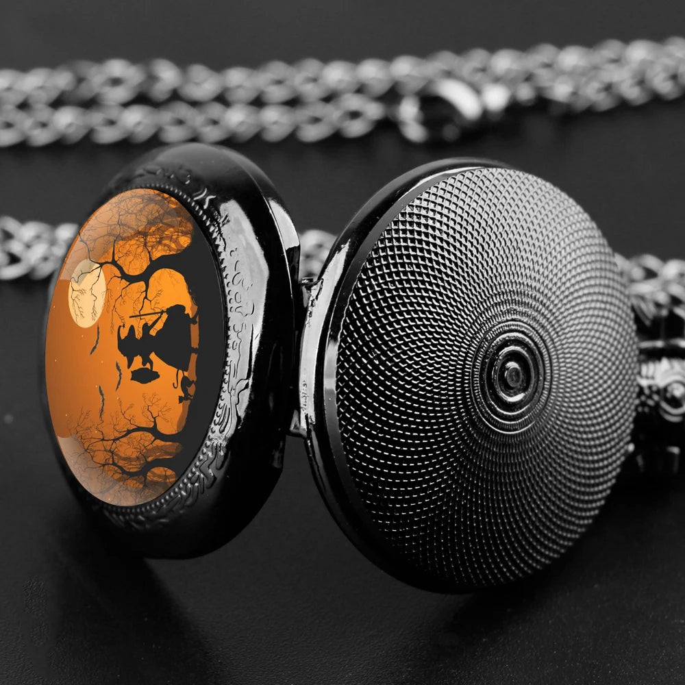 Halloween Witch Glass Dome Black Quartz Pocket Watch with Arabic Numerals Dial and Durable Chain Gift for Men Women