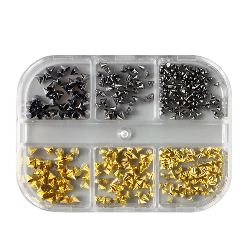 6 Grids Punk Nail Rivets Spikes Metal Studs Gold/Silver/Black Round Cone Nail Art Charms Mixed Size Nail Parts DIY Decoration