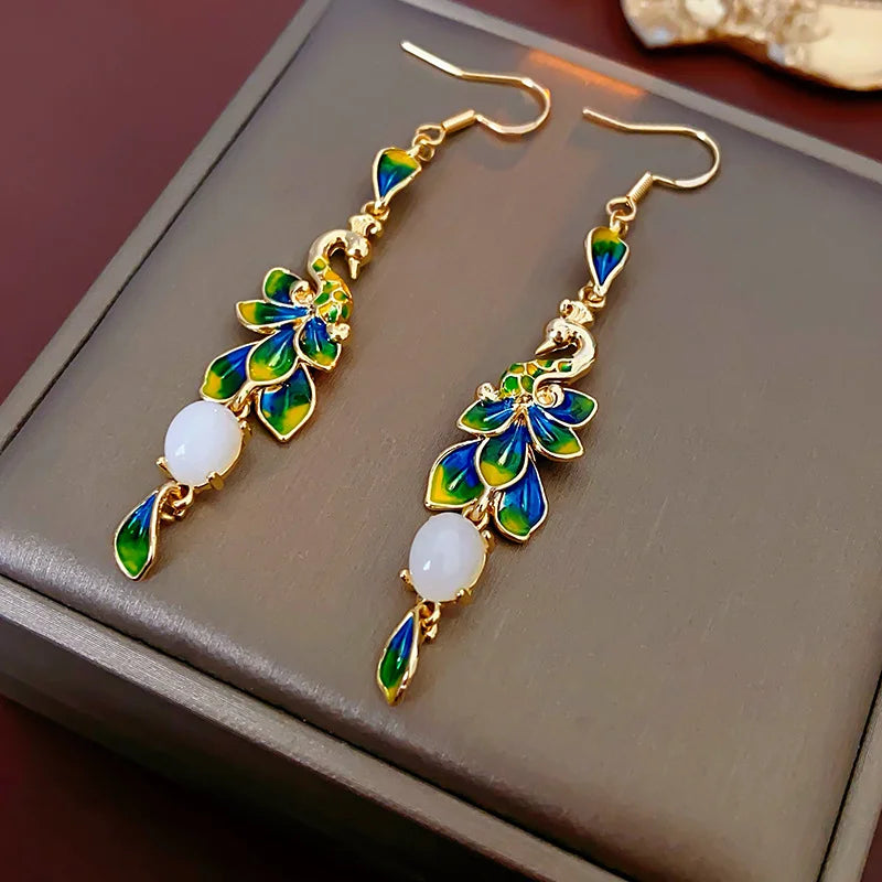 2024 Vintage Pearl Earrings for Women Steel Needle Peacock Drop Oil Round Fringe Drop Earring Party Fashion Jewelry Gifts