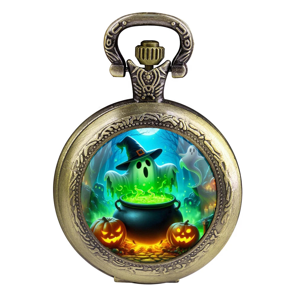 Halloween Mysterious Witch Glass Dome Black Quartz Pocket Watch with Arabic Numerals Dial and Durable Chain Gift for Men Women