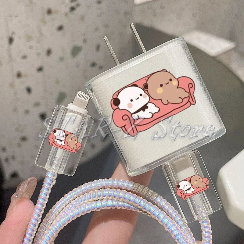 Bubu Dudu Couple Baby Bear Panda Protection Case for IPhone 15 14 13 Pro Max 18/20W Charger&Charging Protector Data Wire Winder