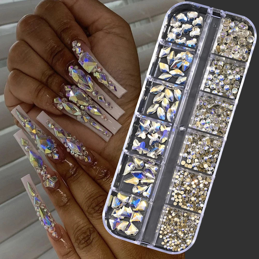 12Grids SS6-SS30 Mixed Nail Rhinestones Shiny Clear/Gold/Pink/Blue Diamond Flat-back Nail Gems Glass Stones Nails Decoration