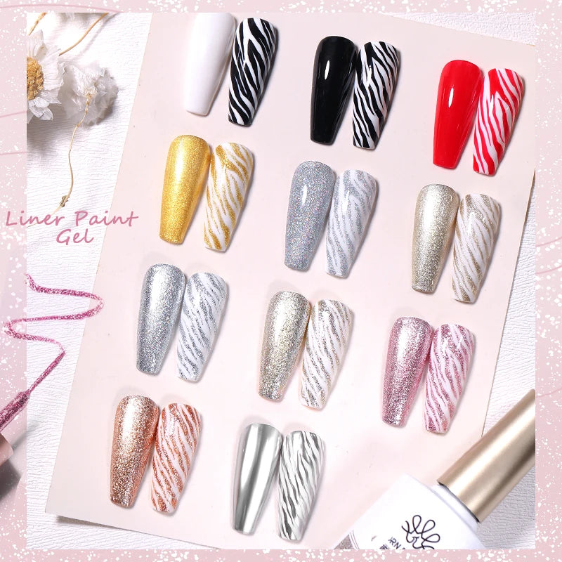 BORN PRETTY 10ml Glitter Silver Liner Paint Gel Nail Polish Line Stripe Gel Vernis Semi Permanent for Drawing Line French Nails