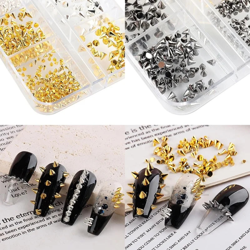 6 Grids Punk Nail Rivets Spikes Metal Studs Gold/Silver/Black Round Cone Nail Art Charms Mixed Size Nail Parts DIY Decoration