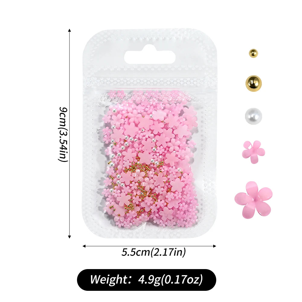 5G (450pcs) White Pink Blossom Spring Acrylic Flower Nail Rhinestones Mixed Pearl Beads 3D Floral Nail Gems White Resin Nail Par