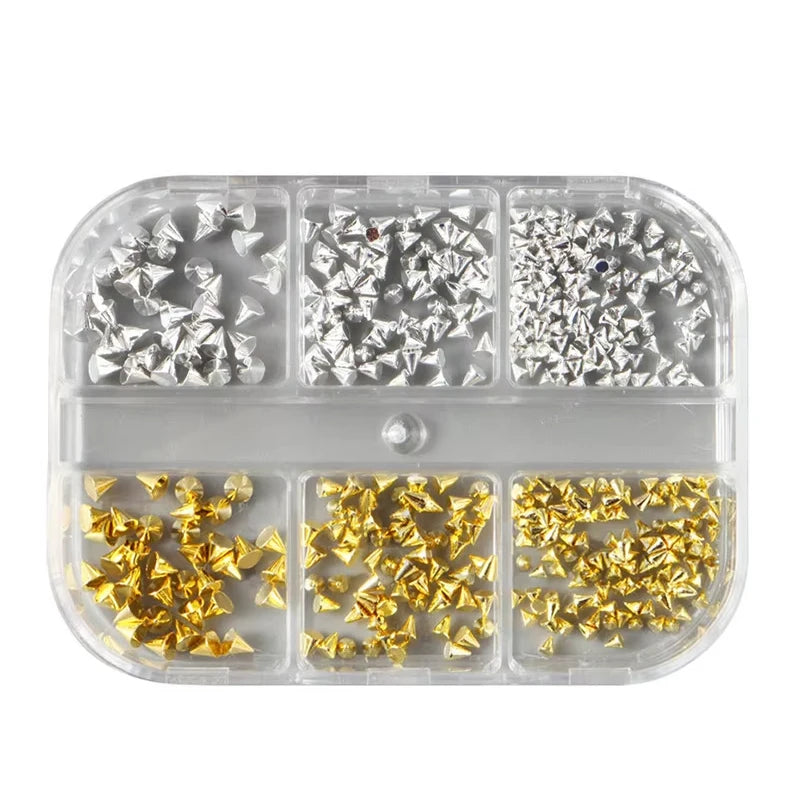 6 Grids Punk Nail Rivets Spikes Metal Studs Gold/Silver/Black Round Cone Nail Art Charms Mixed Size Nail Parts DIY Decoration