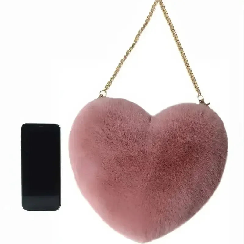Heart Shaped Fluffy Shoulder Bag Fashion Chain Crossbody Bag