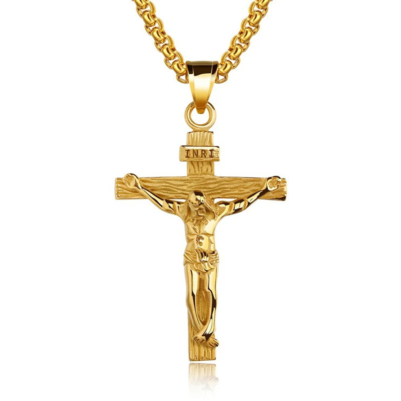 Religious Jesus Cross Stainless Steel Necklace For Men Fashion Gold Silver Color Cross Pendent With Chain Necklace