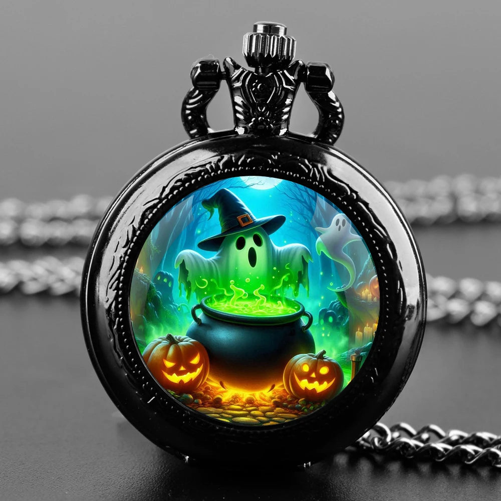 Halloween Mysterious Witch Glass Dome Black Quartz Pocket Watch with Arabic Numerals Dial and Durable Chain Gift for Men Women