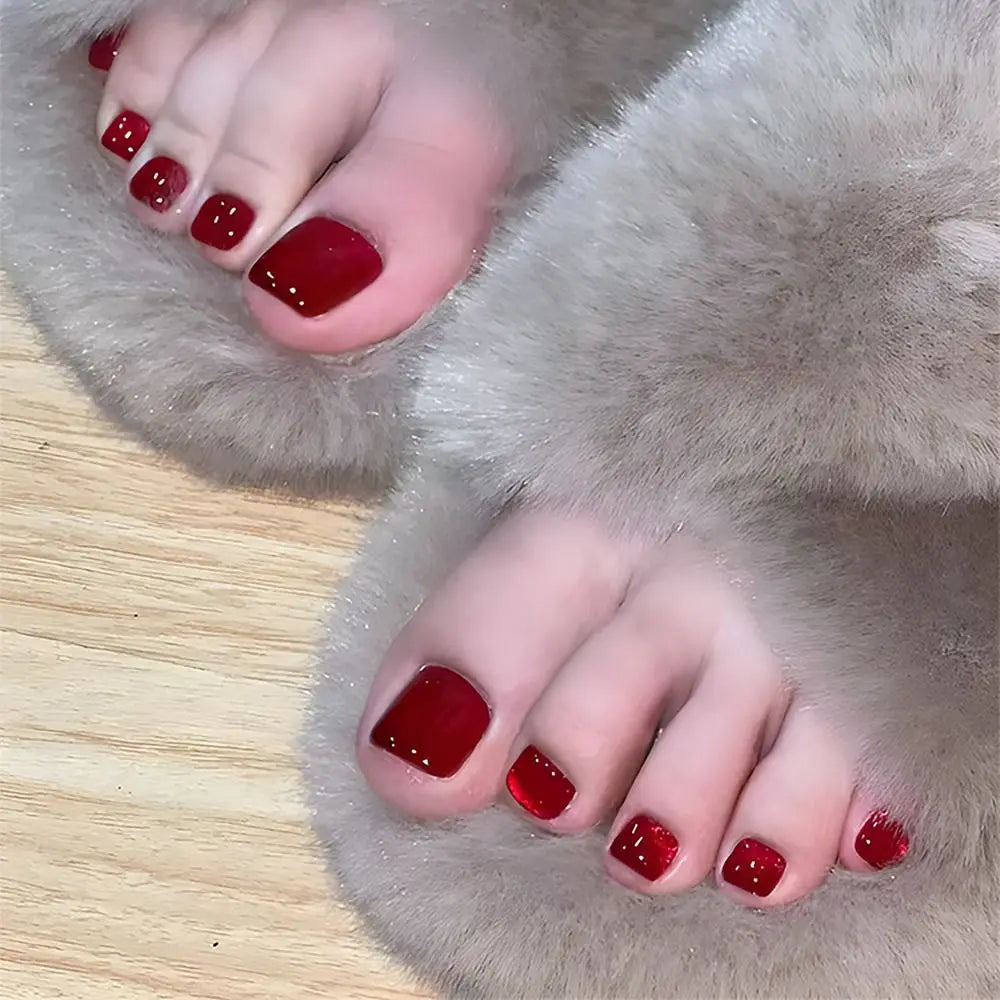 24pcs Fake Toenails French Full Cover Cat Eye Short Square Toe Nails Foot Nails Tips for Women Girl Sparkling Powder Fake Nails