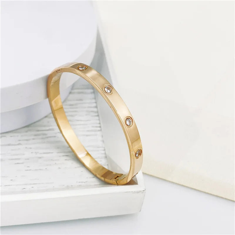 New Design Gold Color Zircon And Cross Nut Nail Bracelet Gold & Bangle For Woman Stainless Steel Screw Brand Jewelry