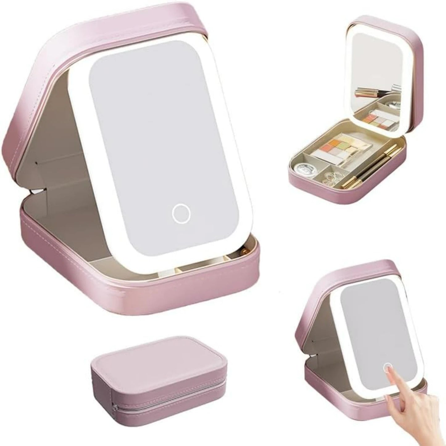 White Portable Travel Makeup Bag with LED Mirror & Rechargeable Lighted Makeup Mirror Adjustable Three-Color LED Make