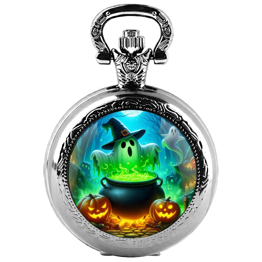 Halloween Mysterious Witch Glass Dome Black Quartz Pocket Watch with Arabic Numerals Dial and Durable Chain Gift for Men Women