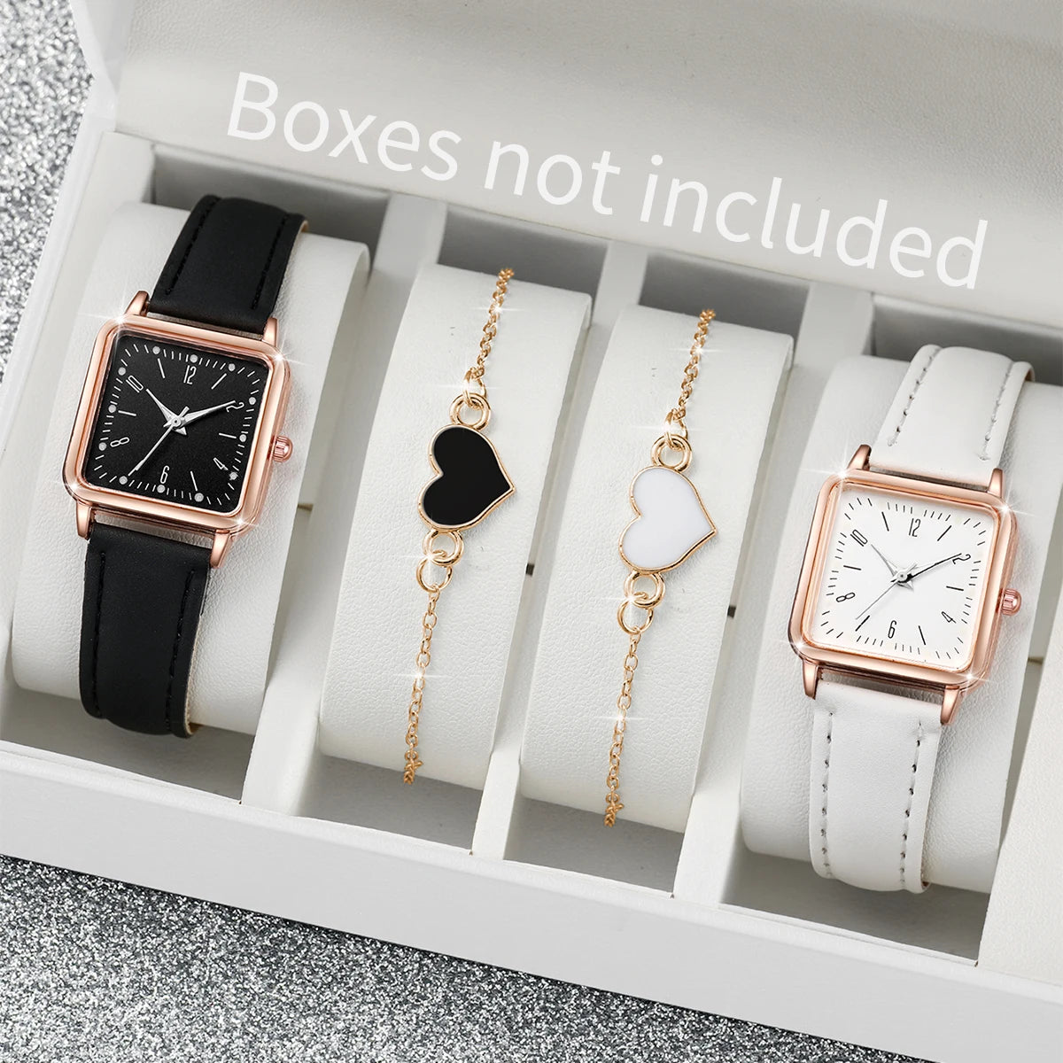 2/4PCS Fashion Square Women's Watch Leather Band Quartz Watches Heart Bracelet Set(Without Box)