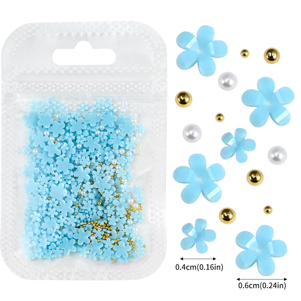5G (450pcs) White Pink Blossom Spring Acrylic Flower Nail Rhinestones Mixed Pearl Beads 3D Floral Nail Gems White Resin Nail Par