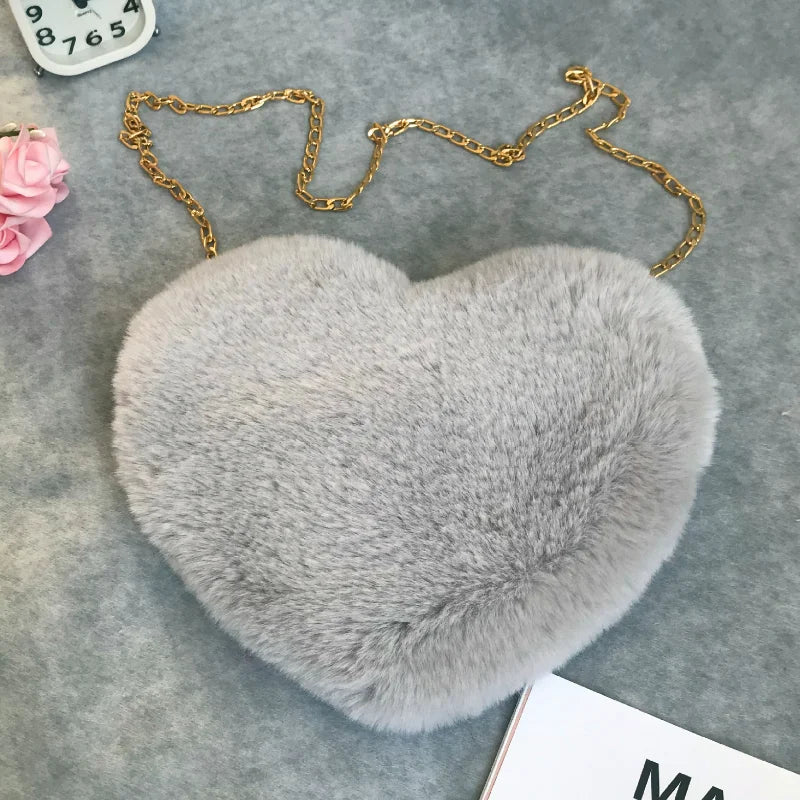 Heart Shaped Fluffy Shoulder Bag Fashion Chain Crossbody Bag