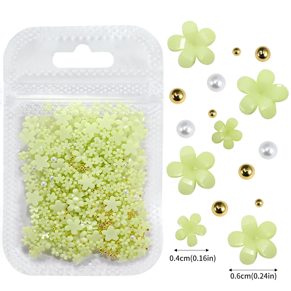 5G (450pcs) White Pink Blossom Spring Acrylic Flower Nail Rhinestones Mixed Pearl Beads 3D Floral Nail Gems White Resin Nail Par