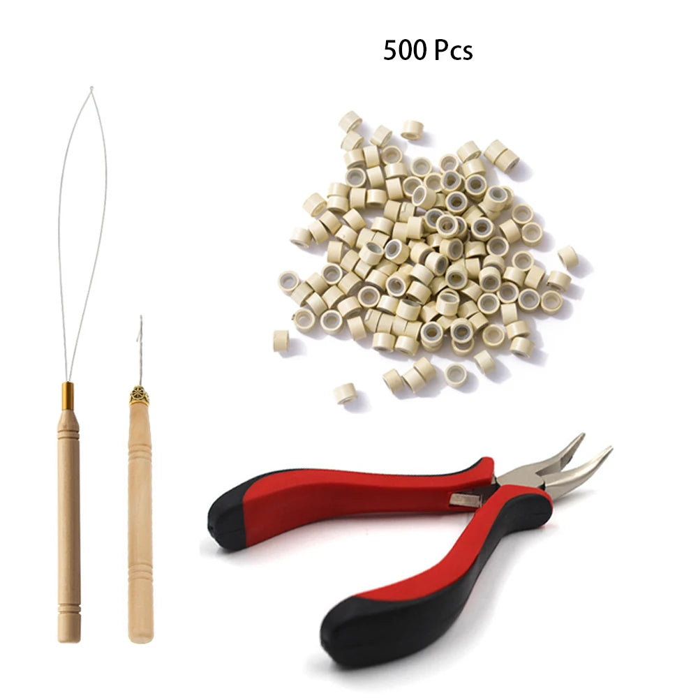 Hair Extensions Tools Kit 500 Pcs Black Dark Brown Light Brown Gold Micro Ring Beads 1 Micro Beads Plier 1 Hook Needle Pulling