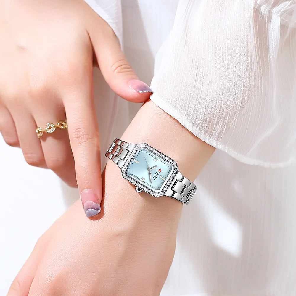 CURREN Luxury Brand Watches for Women Simple Rectangular Dial with Sparkling Rhinestones Casual Quartz Wristwatch with Luminous