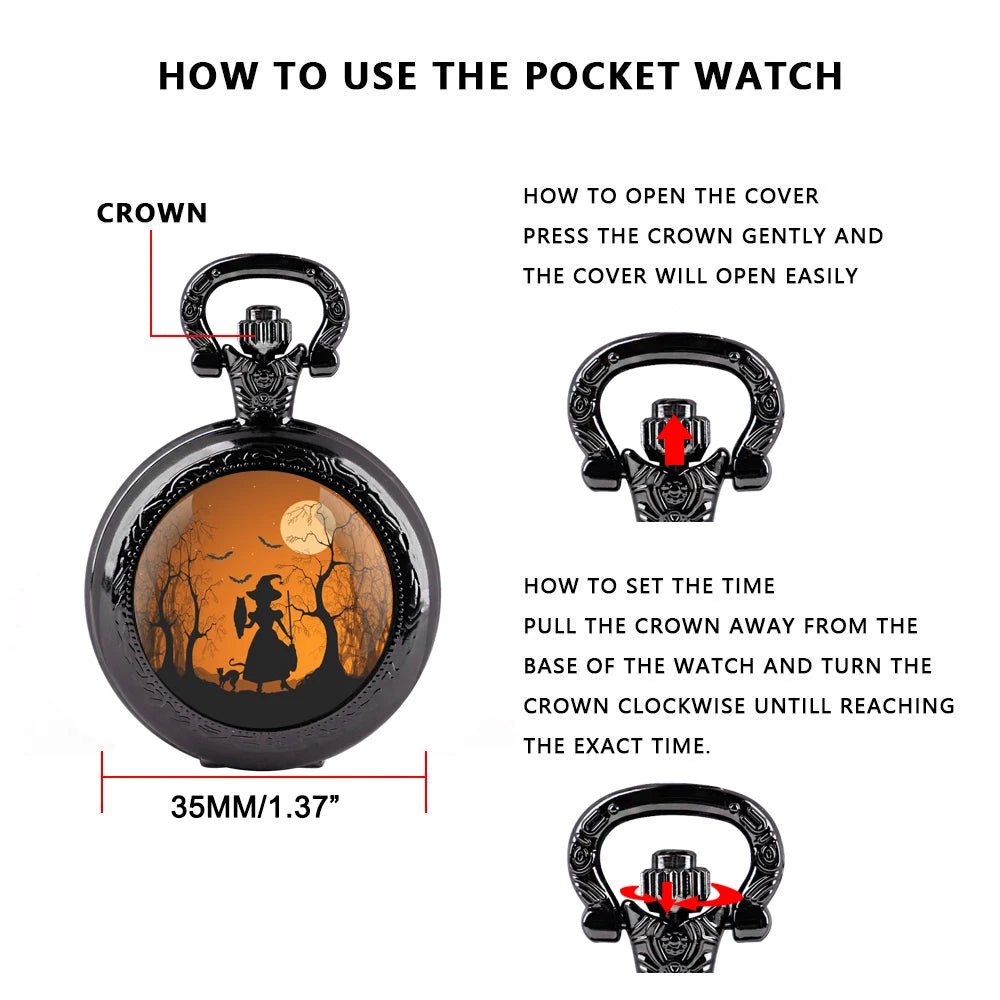 Halloween Witch Glass Dome Black Quartz Pocket Watch with Arabic Numerals Dial and Durable Chain Gift for Men Women