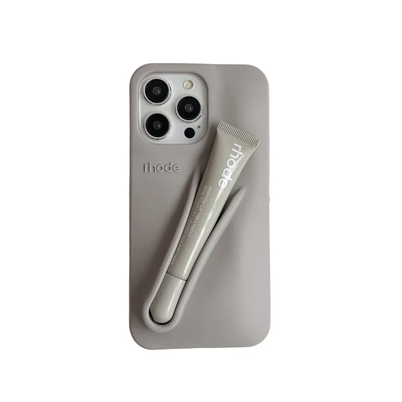 For iPhone 16 12 13 14 15 11 Pro Max Plus Fashion Rhode Phone Case Gray Toast Espresso Ribbon Lip Gloss Holder Silicone Cover