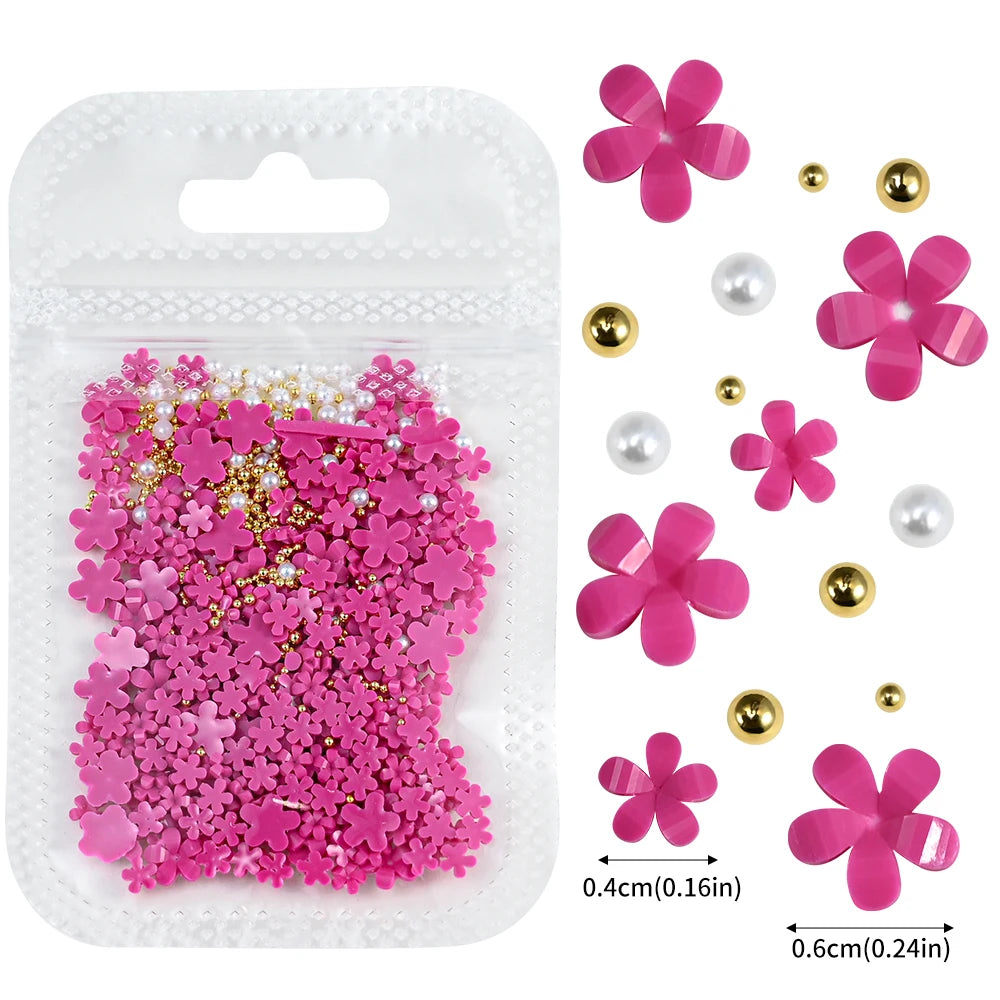 5G (450pcs) White Pink Blossom Spring Acrylic Flower Nail Rhinestones Mixed Pearl Beads 3D Floral Nail Gems White Resin Nail Par
