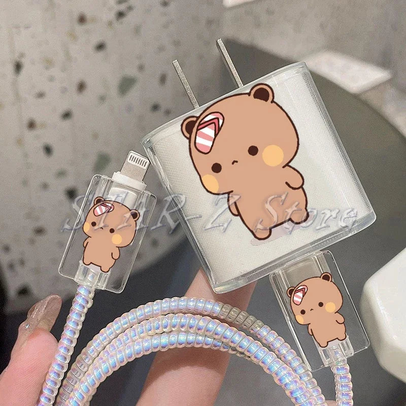 Bubu Dudu Couple Baby Bear Panda Protection Case for IPhone 15 14 13 Pro Max 18/20W Charger&Charging Protector Data Wire Winder