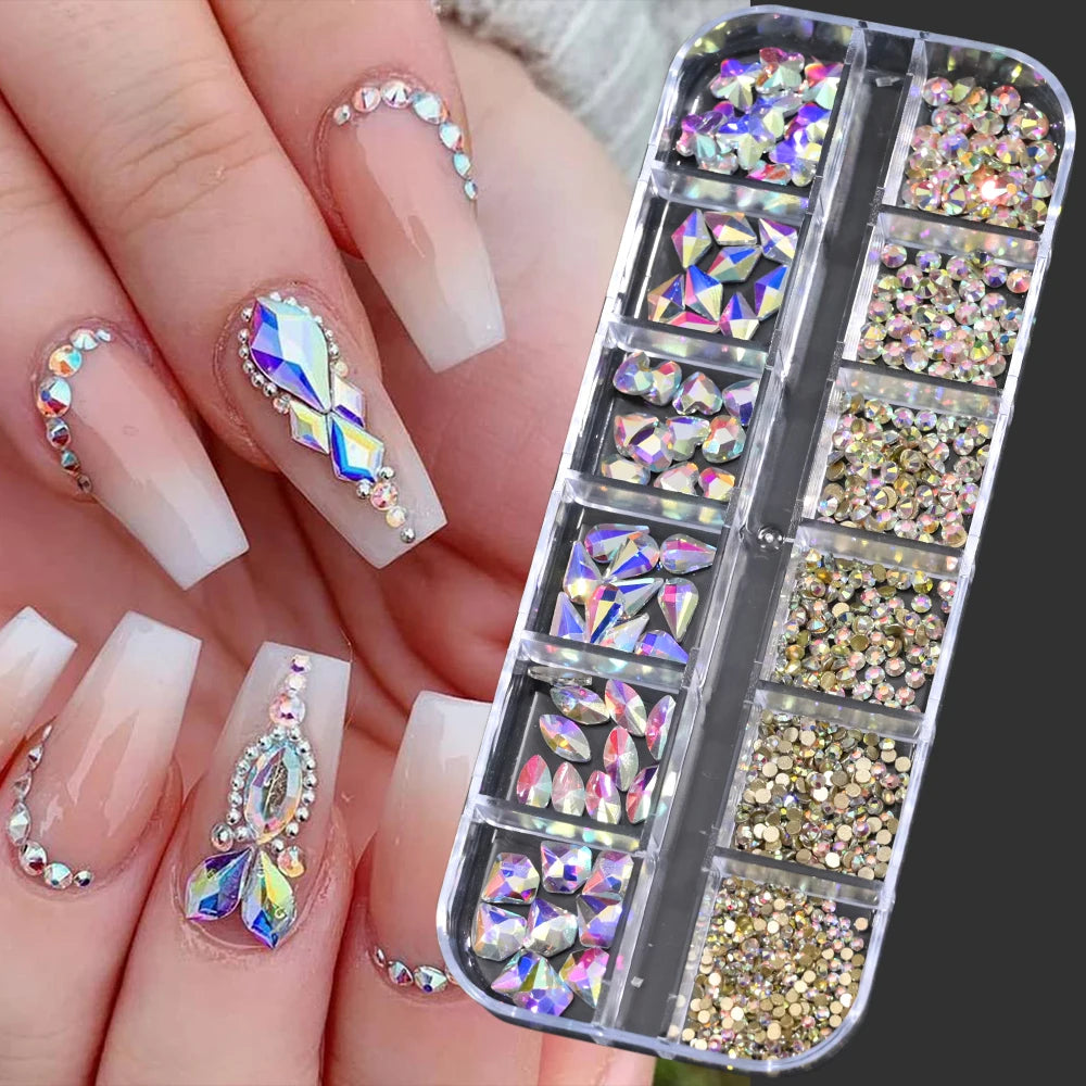 12Grids SS6-SS30 Mixed Nail Rhinestones Shiny Clear/Gold/Pink/Blue Diamond Flat-back Nail Gems Glass Stones Nails Decoration
