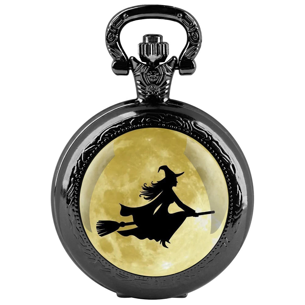 A Witch on A Broomstick Glass Dome Quartz Pocket Watch With Durable Chain Arabic Numeral Dial Halloween Gifts for Men Women Kids