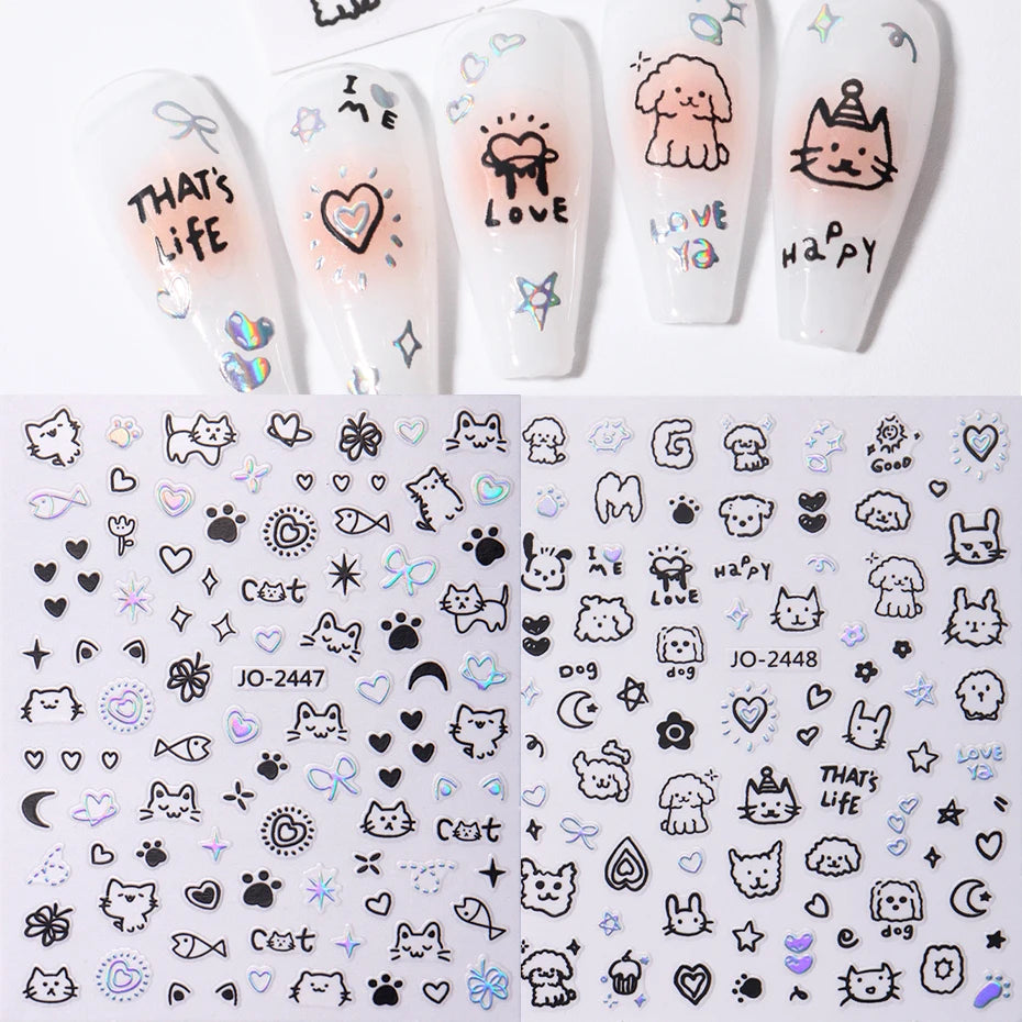 2Pcs Cartoon Cute Cat Nail Childlike Stickers Holographic Love Heart Bronzing Star Sliders Silver Chrome Nail Art Manicure Decor