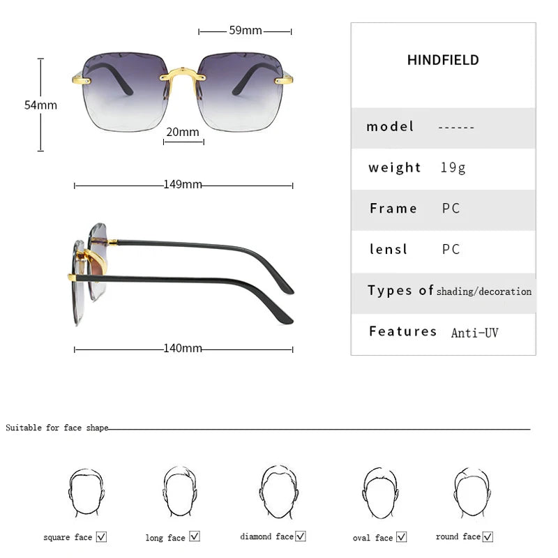 2024 New Rimless Women's Sunglasses Fashion Gradient Lenses Sun glasses Lady Vintage Alloy Legs Classic Designer Shades UV400